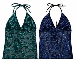 CR1904 Upcycled Sequin Embellished Halter Neck Top..