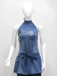 CR02279 Upcycled Denim Halter Neck Mini Dresses