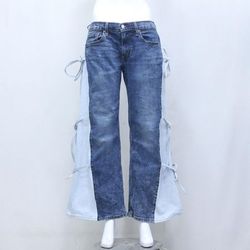 CR1266 Upcycled Lace-Tie Flare Denim Pants
