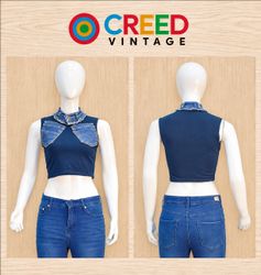 CR2275 UPCYCLED DENIM POCKET CROP TOP