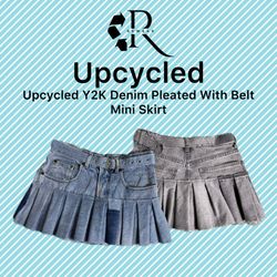 Upcycled Y2K Denim Pleated with Belt Mini Skirt