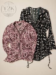 Y2k Printed Tie-Front Blouse