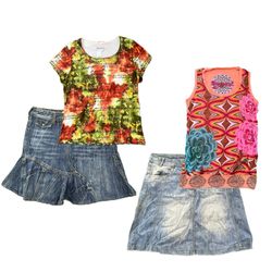 Y2K Desigual Denim Mini Skirts Printed Tops RE-393..