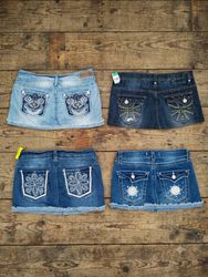 Cute Y2K Denim Mini Skirt | Sparkly Embroidered Po..