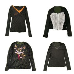 Y2K Women Black Floral Print Long Sleeve T-Shirts ..