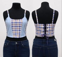CR2086 Upcycled Denim & Plaid Corset Top