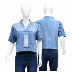 CR2147 UPCYCLED DENIM VARSITY CROP TOP