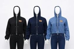 CR01612 Upcycled Denim Hooded Cropped Jackets