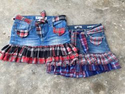 Upcycled Y2K Denim & Flannel Ruffle Mini Skirt