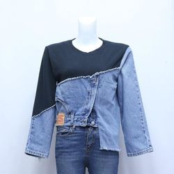 CR1197 Upcycled Asymmetric Denim Panel Top