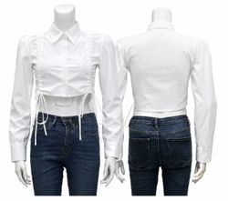 CR2056 UPCYCLED RUCHED SIDE-TIE CROPPED SHIRT