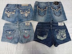 CR10590 Upcycled Mix Branded Mini Denim Shorts