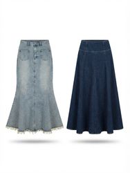 (FV-2263) Y2K Denim  Maxi Fish Style Flared Skirts