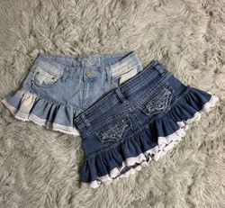 Upcycled Y2K Denim Ruffle Micro Mini Skirt