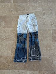 Upcycled Patchwork Denim Cargo Flare Jeans