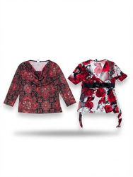 (FV-2160) Y2K Red Printed Tops Bundle | Floral Abs..