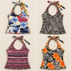 Y2k Upcycled Printed Abstract Halter Tops