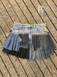 Upcycled Y2k denim Multi Layered Pleated Mini Skir..