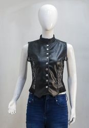 CR02267 Upcycled Leather Lace-Panel Button-Front V..