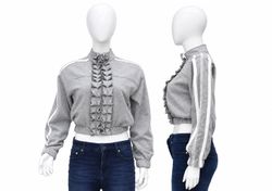 CR02329 Upcycled Ruffle-Front Cropped Track Jacket..