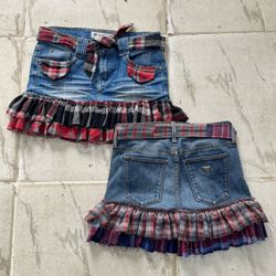 Upcycled Y2K Denim & Flannel Ruffle Skirt