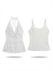 (FV-2075)White Aesthetic Mesh Lace Tops