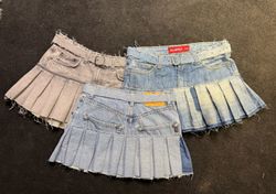 Upcycled Denim Pleated With  Belt Mini Skirt