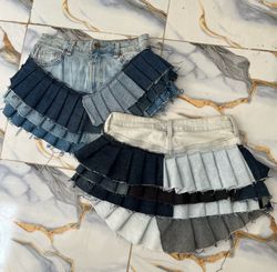 Upcycled Y2K Denim Multi Layered Pleated Mini Skir..