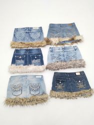 Wholesale Bundle Y2K Faux Fur Trim Denim Mini Skir..