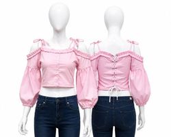 CR1952 UPCYCLED LACE-UP OFF-SHOULDER CROP TOP