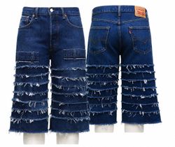 CR2028 UPCYCLED FRAYED PANEL DENIM JORTS