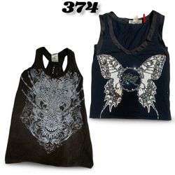 Affliction Style Embroidered Graphic Racerback Tan..
