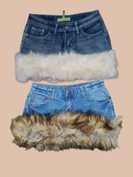 Y2k Fur Trimmed Denim Mini Skirts