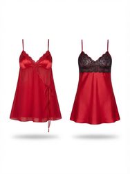 (FV-2801) Vintage Red Satin Nightwear & Lace Slip ..