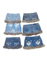 FUR 001 Y2K Faux Fur Trimmed Denim Mini Skirt Bund..