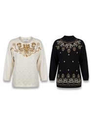 (FV-2557)Vintage Style Embroidered & Beaded Knit T..