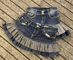 Upcycled Y2K Denim Ruffle Mini Skirt