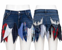 CR1993 UPCYCLED PLAID PANEL DENIM MINI SKIRT