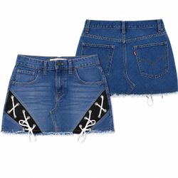 CR2067 UPCYCLED LACE-UP PANEL DENIM MINI SKIRT