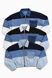 CR2210 Upcycled Color-Block Denim Zip Jacket