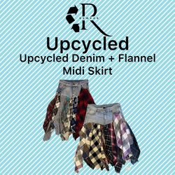 Upcycled Denim + Flannel Midi Skirt