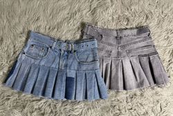 Upcycled Denim Pleated With Belt Mini Skirt