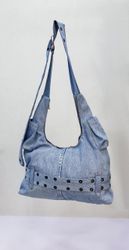 CR2247 UPCYCLED DENIM EYELET HOBO SHOULDER BAG