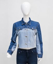 CR2254 UPCYCLED TWO-TONE DENIM CROP JACKET