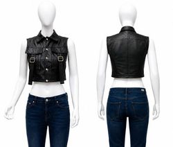 CR01865 Upcycled Leather Buckle-Detail Cropped Ves..