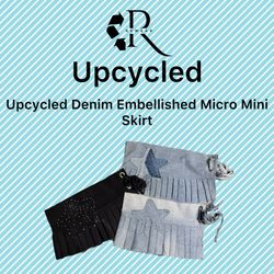 Upcycled Denim Embellished Micro Mini Skirt