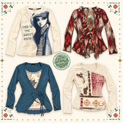 Y2K Artistic Print & Wrap Style Long Sleeve Tops M..