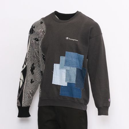 CR209 Reworked Branded Sweatshirt with Sweater Sleeve One Side Insert, Denim Patch Applique Made Using Branded Sweatshirt