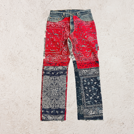 Upcycled HAND STITCHED DISTRESSED BANDANA JEAN SS24