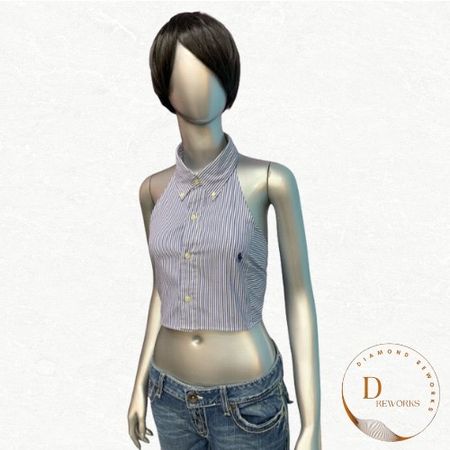 アップサイクル / リワークされたレディース ブランド ハルタートップ、ヴィンテージブランドシャツを使用して制作された DR1